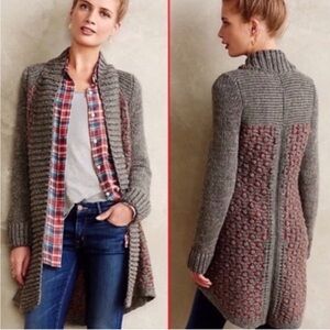 Anthropologie Gray and Brown Chunky Knit Cardigan Sweater